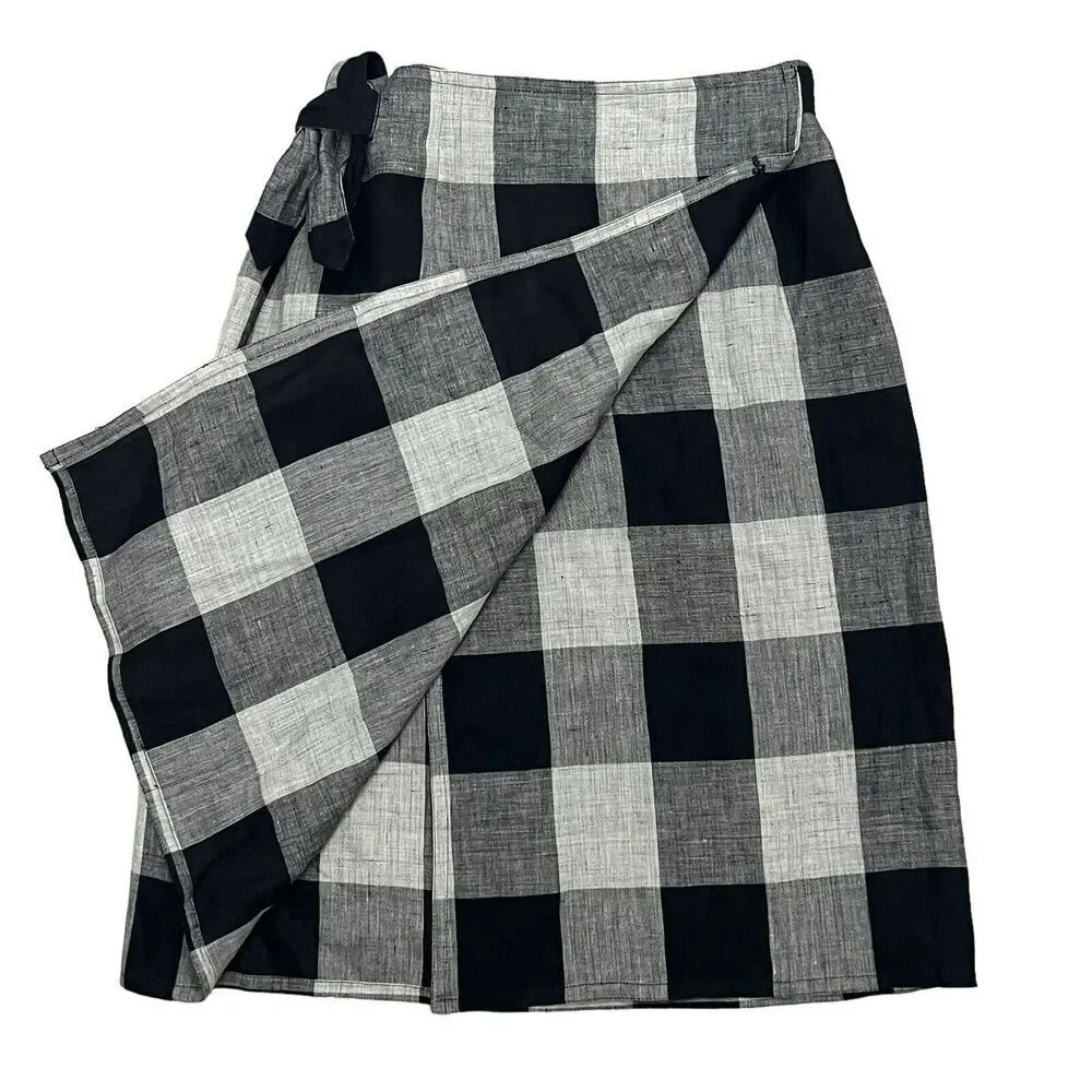 Adrienne Vittadini Collection 100% Linen Wrap Skirt Tie Front Mini Plaid Size S